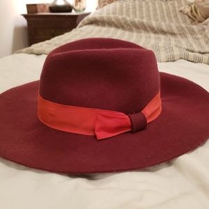 Anthropologie Felt Fedora Hat Red Orange with Bow